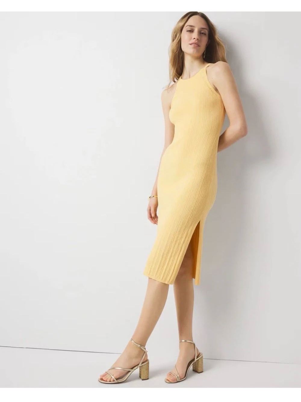 NWT White House Black Market Yellow Ribbed halter Tank sweater Dress sz S